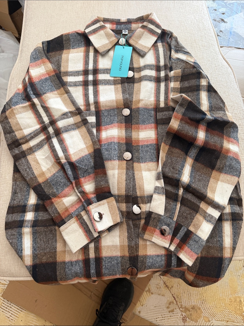 Cozy Plaid Button-Up Shacket in Cream, Brown & Gray